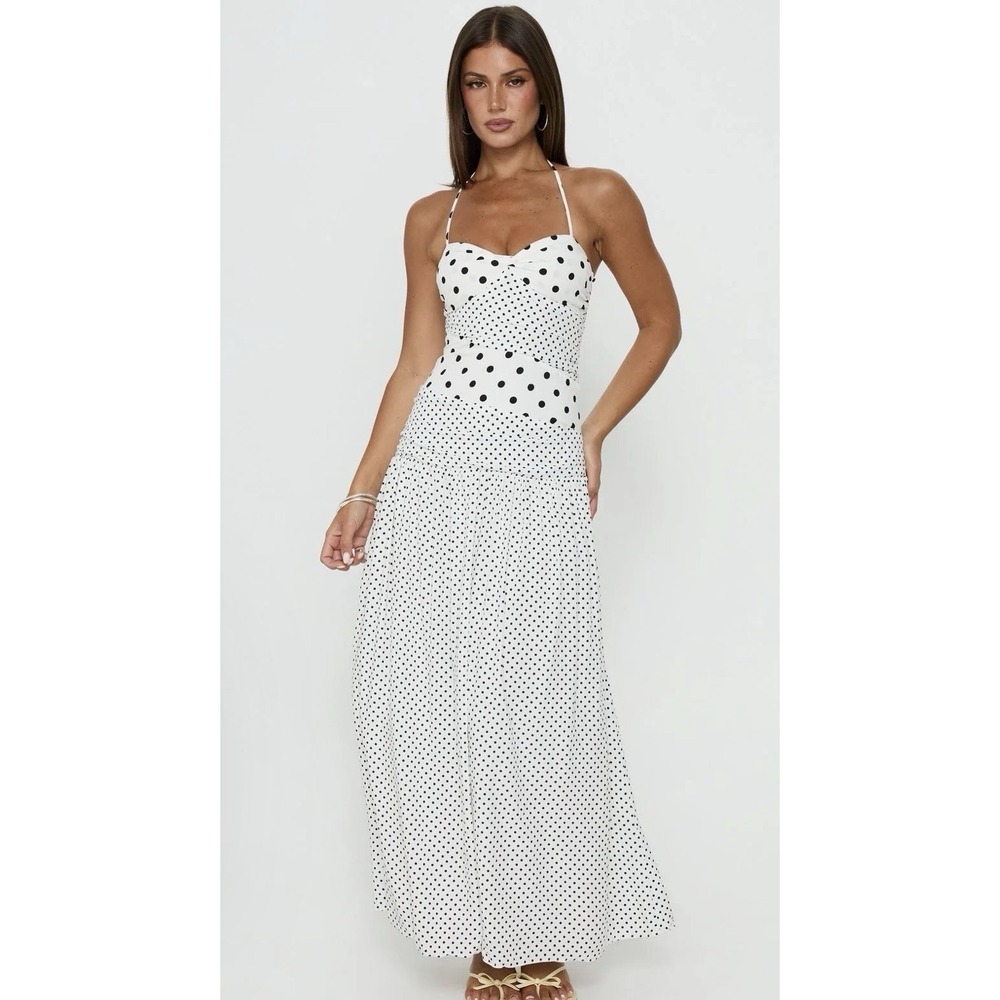Princess Polly Marguerite Halter Maxi Dress White Polka Dot Size 6 NWT